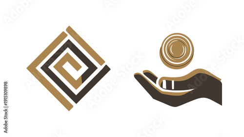 Abstract graphic illustration with geometric spiral element and a stylized hand catching a coin