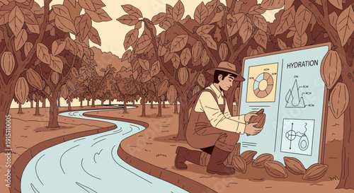 Farmer Using Technology for Agriculture Information Near a River.