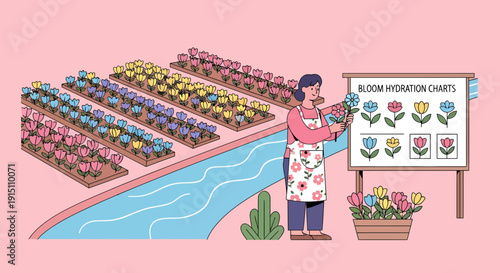 Flower Farmer Analyzing Bloom Hydration Charts in a Flower Field.