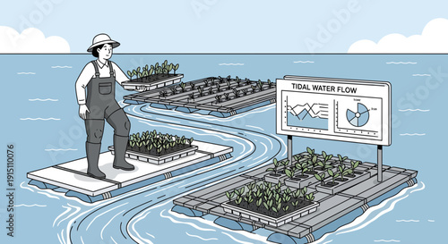 Floating Farm Illustration Sustainable Agriculture and Tidal Water Flow.
