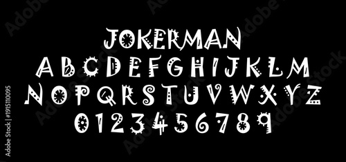 A to Z and 0 to 9 numbers. Decorative alphabet font with letters and numbers vector illustration on black background. Flat design.