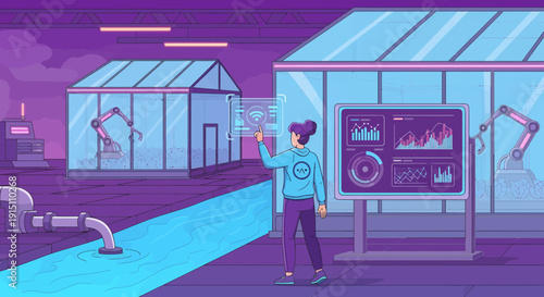 Futuristic Agriculture Woman Monitoring Automated Greenhouse with Advanced Technology.