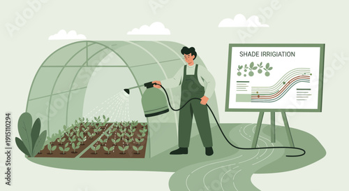 Gardener Watering Plants in Greenhouse with Irrigation System Diagram.