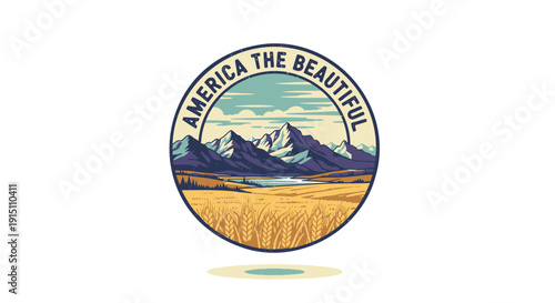 Vintage style America the Beautiful badge with mountain range and wheat field isolated on transparent background
