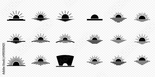 Set of sunrise and sunset icons, sun logo designs, and vector illustrations in various styles.