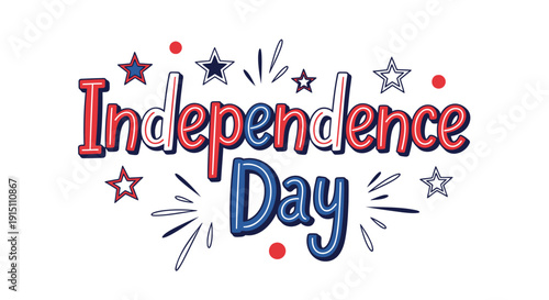 Vector illustration of Independence Day text with red, white, and blue stars and fireworks on transparent background