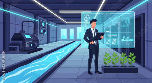 Man in Suit Overseeing Futuristic Indoor Farming and Technology Integration.