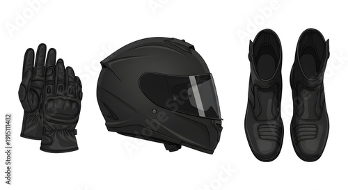 Motorcycle rider safety gear: black helmet, gloves, and boots, for speed and protection