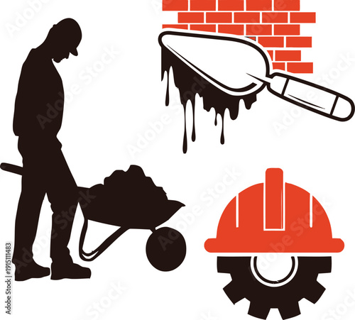 Masonry Construction Worker Trowel and Brick Wall Illustration