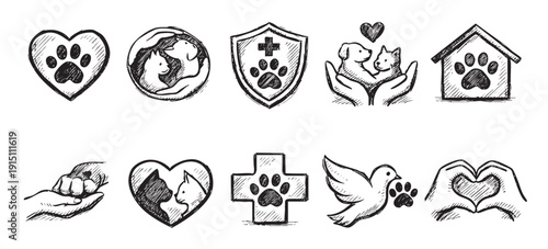Hand-drawn style icon set representing animal care, shelter, veterinary services, and love for pets. Perfect for websites, brochures, or educational materials promoting animal well-being.