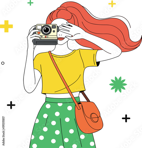 Cute fashionable girl with long red hair taking a photo with a vintage instant camera isolated on white background for lifestyle and blog.