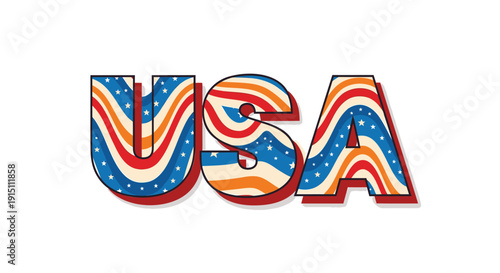 Vector USA letters with red, white, and blue starry stripes on transparent background