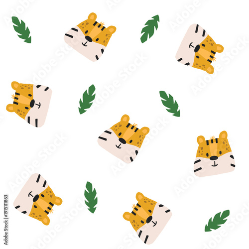 Seamless Tiger Pattern with Cute Cartoon Animal Faces. This pattern is ideal for fabric, wrapping paper, wallpaper and kids textile design.