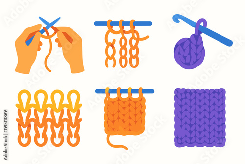 Knitting and Crochet Icons Set – Yarn, Hooks, Needles, Stitches, Hands Crafting Vector Illustration