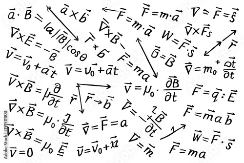 Handwritten Physics Equations and Formulas on White Background