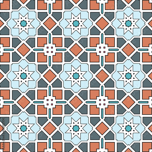 Seamless geometric pattern with teal eight-pointed stars, coral squares, and charcoal octagons on a light blue background, ideal for textile design or website branding.