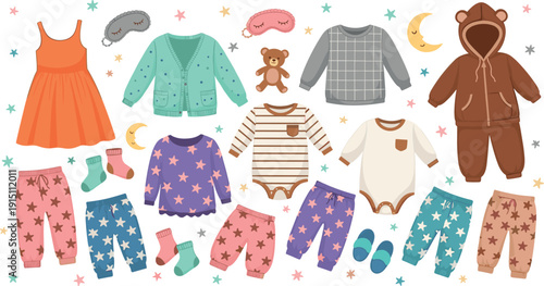 Cute Baby Clothes and Accessories Set with Bodysuits Pajamas Dress Hoodie and Socks Vector Illustration