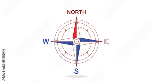 Vector compass rose with north, south, east, and west directions on transparent background