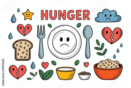 child hunger doodle empty plate sad face food awareness vector.