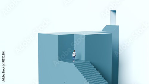Tablou pe pânză Man standing at the top of a staircase blocked by a solid wall looking toward a