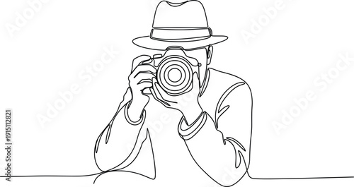 Minimalist continuous one line drawing of a male photographer wearing a fedora hat taking a picture with a professional dslr camera isolated on white.