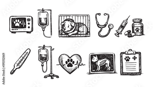 A collection of vet themed, hand drawn style black and white illustrations. Includes dog in a cage, x-ray, iv drip, and more.