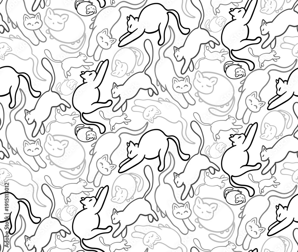 Fototapeta premium Abstract Hand Drawn Line Drawing Cute Cats Seamless Vector Pattern Isolated Background