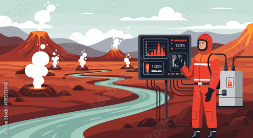 Scientist in Hazmat Suit Monitoring Volcanic Activity on Mars.