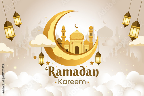 Ramadan Kareem greeting with a large golden crescent moon, mosque, and hanging lanterns over soft white clouds. Elegant Islamic vector background for religious celebrations and banners.