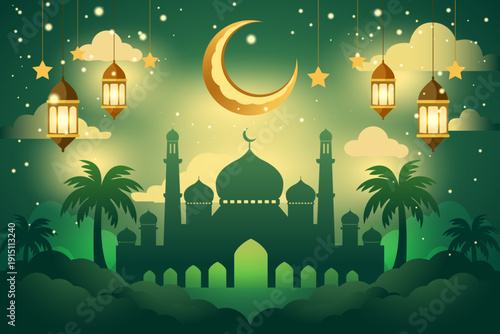 Islamic night background with mosque silhouette, palm trees, golden crescent moon, and lanterns. Green gradient sky with stars and clouds. Vector illustration for Ramadan and Eid Mubarak.