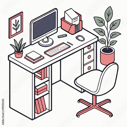 A home office workspace with a computer and plants