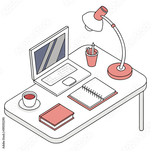 A desk with a laptop computer and office supplies