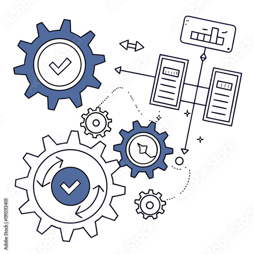 A flowchart with gears and a checklist