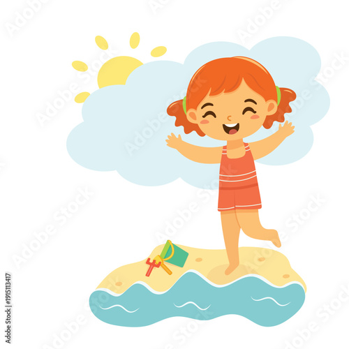 Cute and happy girl runs in bathing suits on the beach on white background. Poster, Banner, Flyer, Summer time. Vector illustration in flat cartoon style