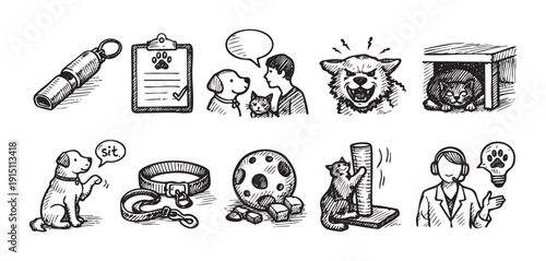 Hand-drawn style icons for pet care, vet services, and animal lovers. Includes dog training, cat behavior, and healthcare. Use for websites, brochures, and educational materials.
