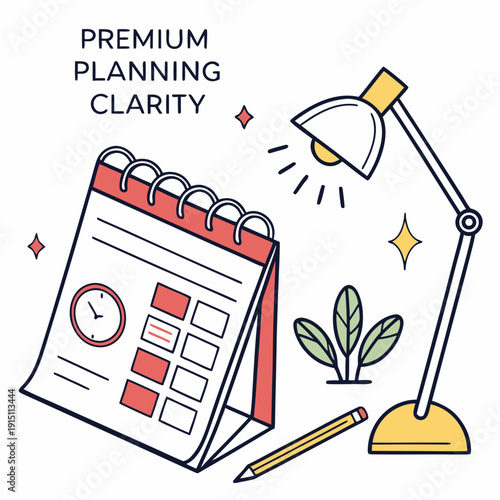 A calendar, pencil, and lamp on a desk for planning