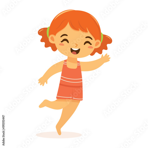 Cute and happy girl runs in bathing suits  on white background. Poster, Banner, Flyer, Summer time. Vector illustration in flat cartoon style