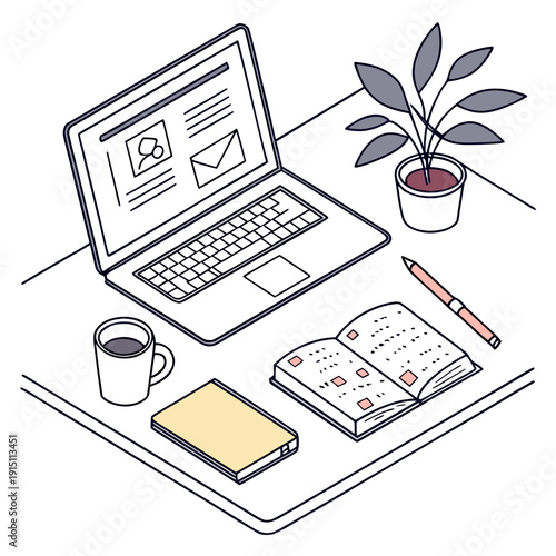 A desk with a laptop and office supplies