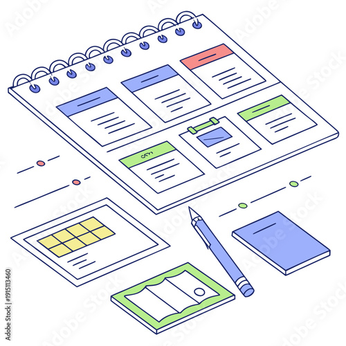 A notebook with a wireframe design and a pen