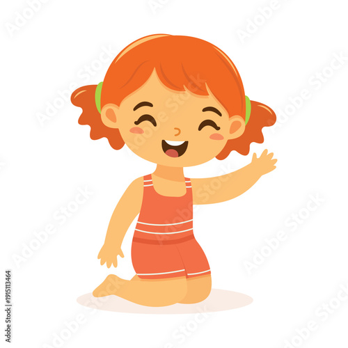 Cute and happy girl sits in bathing suits on the sand on white background. Poster, Banner, Flyer, Summer time. Vector illustration in flat cartoon style