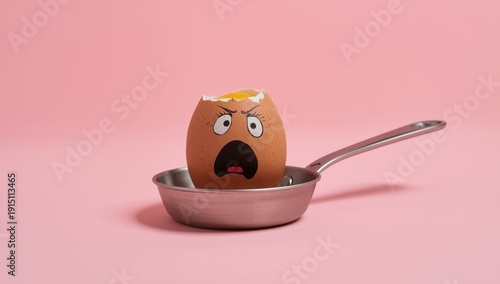 Surprised egg yolk in tiny pan on pink backdrop