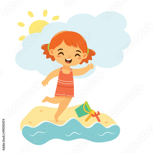 Cute and happy girl runs in bathing suits on the beach on white background. Poster, Banner, Flyer, Summer time. Vector illustration in flat cartoon style