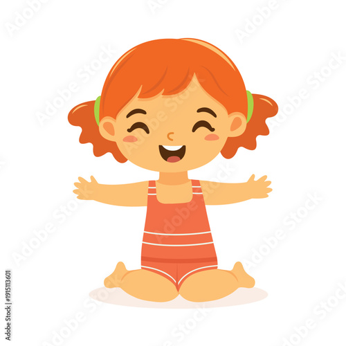 Cute and happy girl sits in bathing suits on the sand on white background. Poster, Banner, Flyer, Summer time. Vector illustration in flat cartoon style