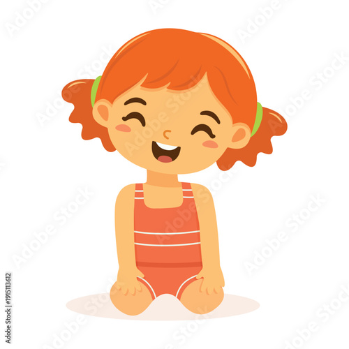 Cute and happy girl sits in bathing suits on the sand on white background. Poster, Banner, Flyer, Summer time. Vector illustration in flat cartoon style