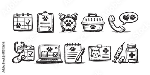 Hand-drawn vector illustration featuring veterinary care icons. Ideal for pet health websites, clinic branding, and educational materials. Black and white sketch style.