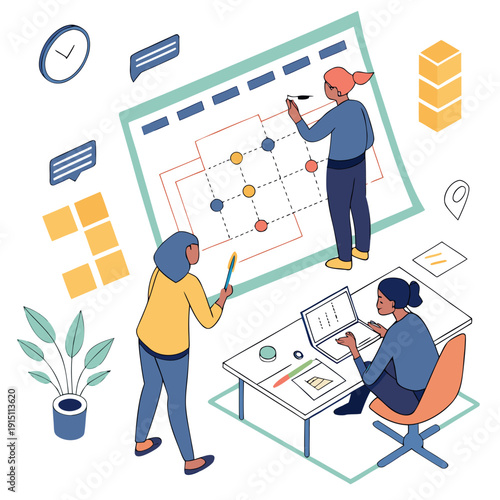 Team working on a project plan with a whiteboard