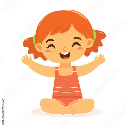 Cute and happy girl sits in bathing suits on the sand on white background. Poster, Banner, Flyer, Summer time. Vector illustration in flat cartoon style