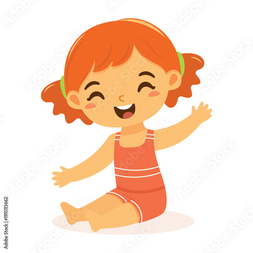 Cute and happy girl sits in bathing suits on the sand on white background. Poster, Banner, Flyer, Summer time. Vector illustration in flat cartoon style
