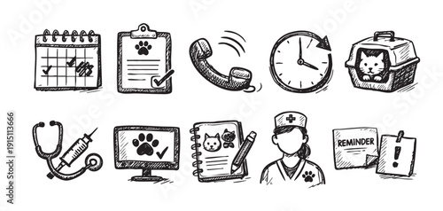Black and white sketch-style illustration of veterinary clinic icons. Features pets, medical tools, and scheduling elements, suitable for branding and marketing materials.