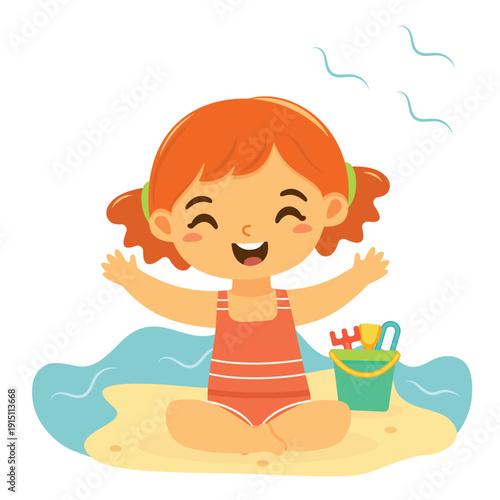 Cute and happy girl sits in bathing suits on the sand  on white background. Poster, Banner, Flyer, Summer time. Vector illustration in flat cartoon style